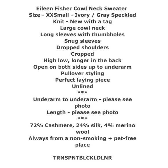 🌺 NOT 4 SALE 🌺 Eileen Fisher Luxe Cashmere Cowl Neck Sweater XXS Speckled NWT - Picture 13 of 13